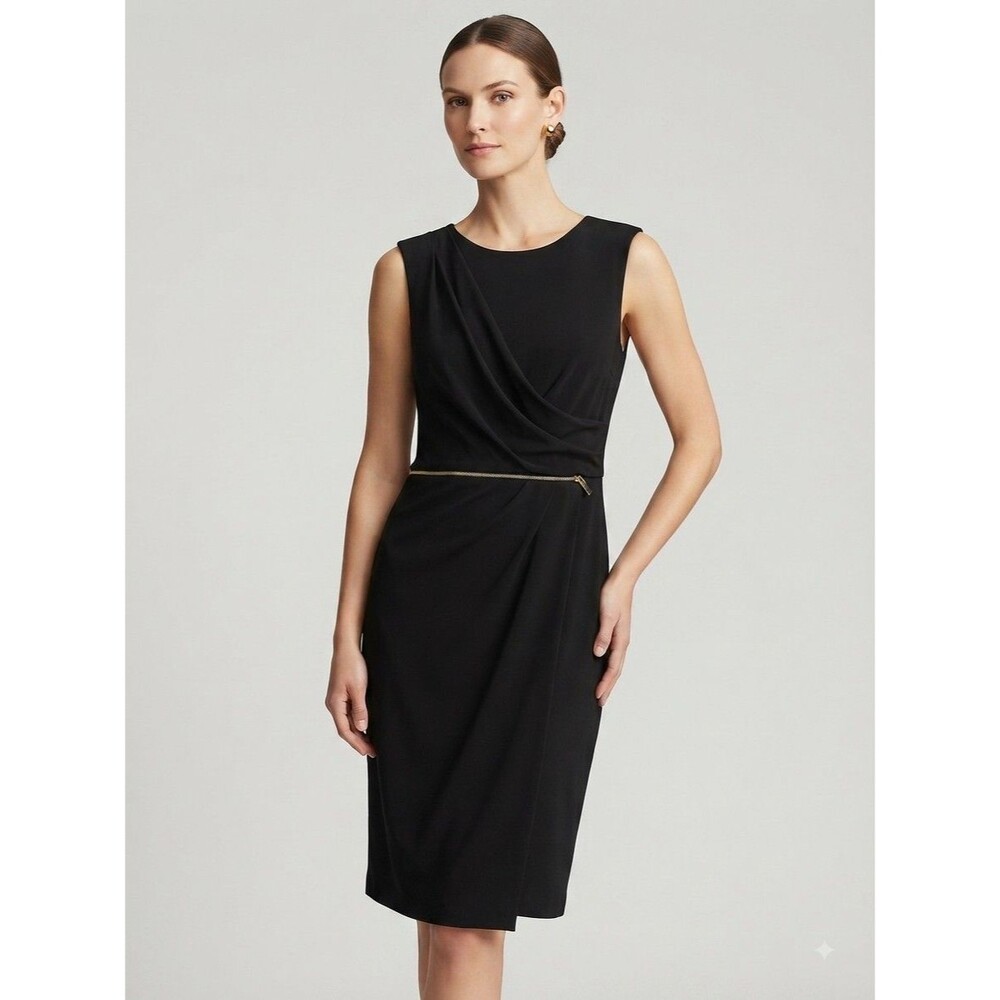 Vince Camuto LBD Black Faux Wrap Cocktail Work Sheath Dress